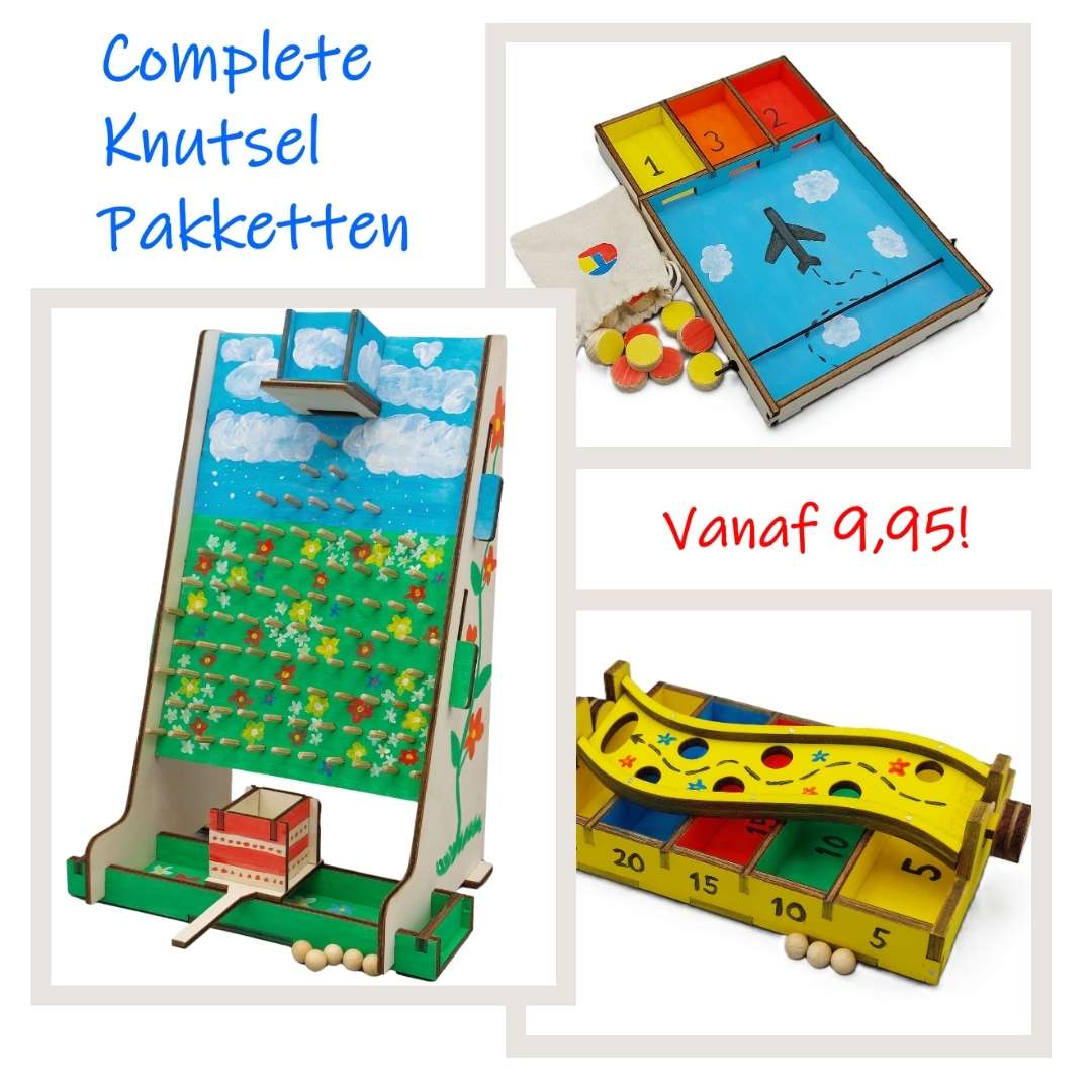 Creatieve collectie met complete knutselpakketten: drie houten DIY producten van TechniekLudiek, ideaal voor kinderfeestjes.