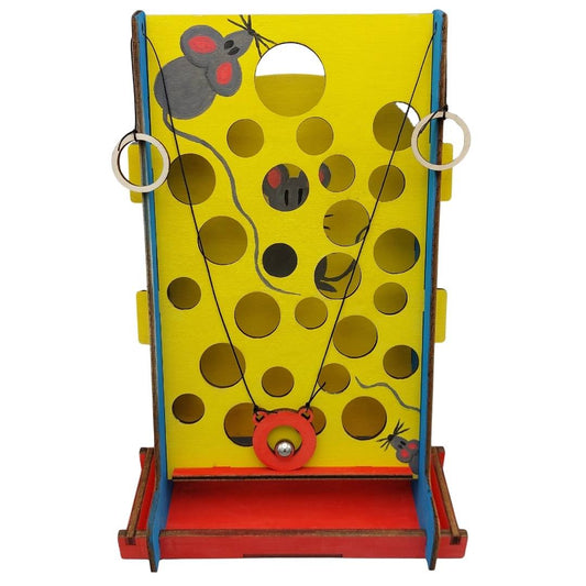 Geel-rood geschilderd eindproduct van Gatengekte – leuk om te knutselen als DIY-activiteit op een kinderfeestje