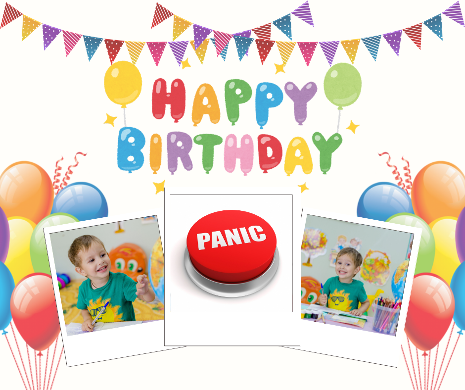 Kinderfeestje-uitnodiging met grappige 'panic button' als knipoog naar de stress van feestjes organiseren – met TechniekLudiek wordt het makkelijk, creatief en compleet geregeld