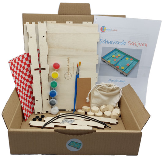 Knutselen voor kinderen met knutselpakket Schuivende Schijven – inhoud met houten onderdelen, spijkertjes en een duidelijke handleiding
