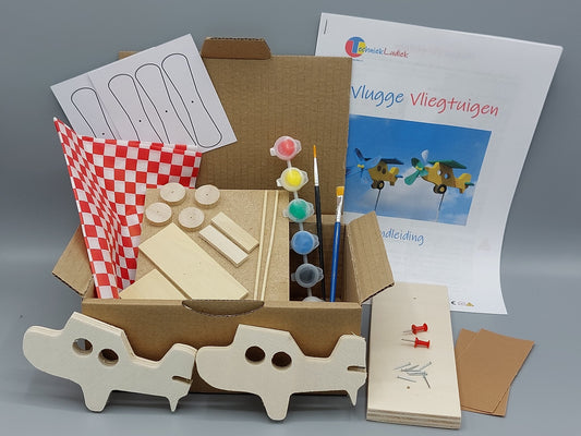 Knutselen voor kinderen met knutselpakket Vlugge Vliegtuigen – inhoud met houten onderdelen, spijkertjes en een duidelijke handleiding
