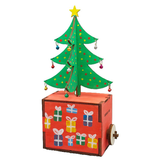 Eindproduct houten knutselpakket: ronddraaiende kerstboom automaton met klingelende belletjes