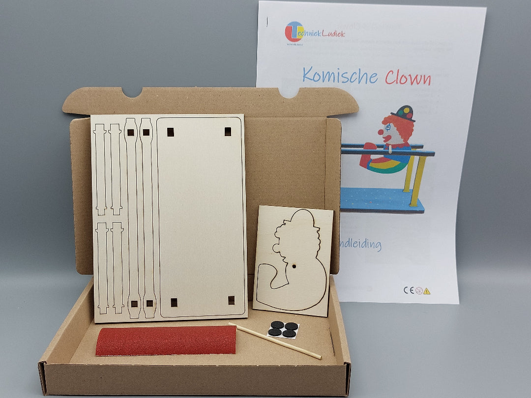 Inhoud basispakket Komische Clown – houten onderdelen, viltjes en schuurpapier