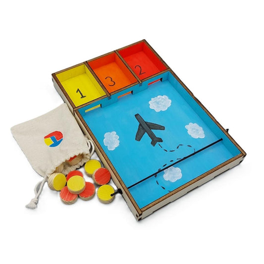 Eindproduct van Sjezend Sjoelen: houten DIY knutselpakket, klaar om te spelen – ideaal voor een kinderfeestje.