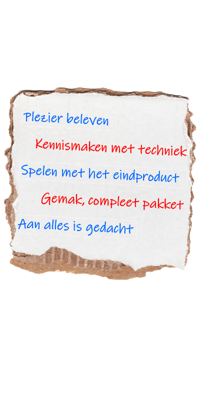 Visuele weergave van het missie statement van TechniekLudiek: plezier beleven, kennismaken met techniek, spelen met het eindproduct en gemak dankzij complete knutselpakketten.