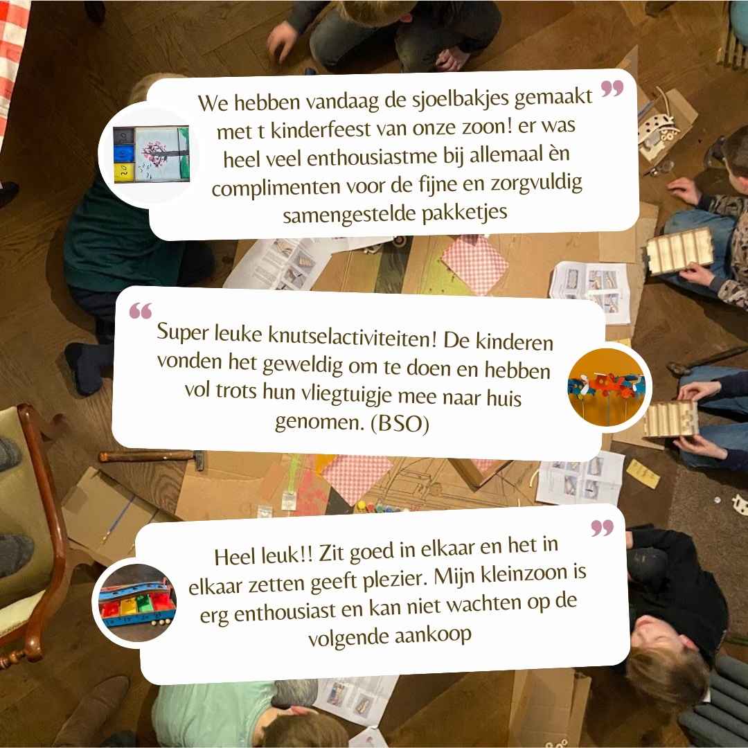 Collage van drie enthousiaste klantreviews met productfoto’s van TechniekLudiek knutselpakketten – gebruikt tijdens een kinderfeestje, BSO en door een grootouder.