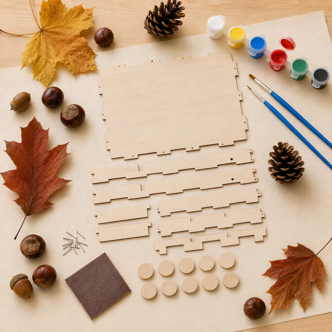 Herfst knutselen met kinderen — kastanjes, eikels, dennenappels en gedroogde bladeren op een houten tafel, naast onderdelen van een houten knutselpakket.