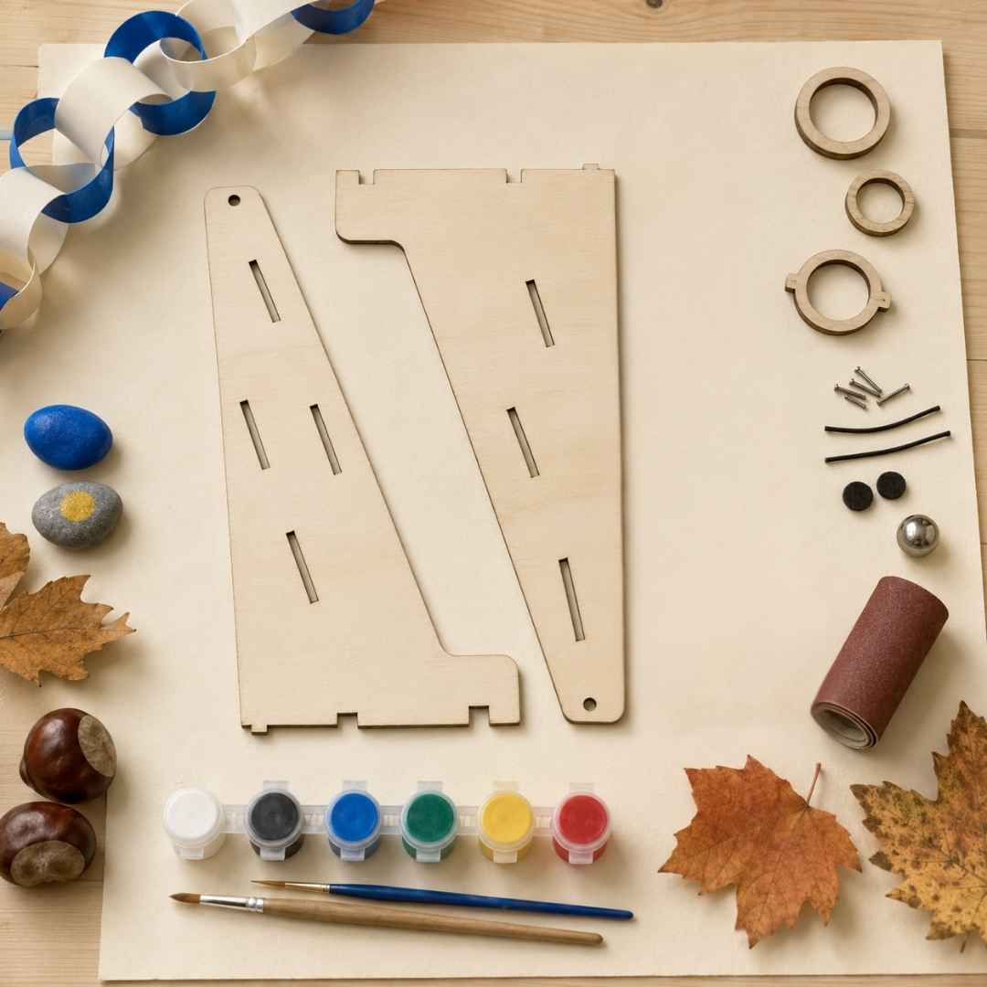 Knutselideeën voor kinderen — flat-lay met papieren ketting, beschilderde kiezels, kastanjes, verf en onderdelen van het GatenGekte houten knutselpakket, DIY STEM-knutselen voor kinderen van 4–12 jaar.