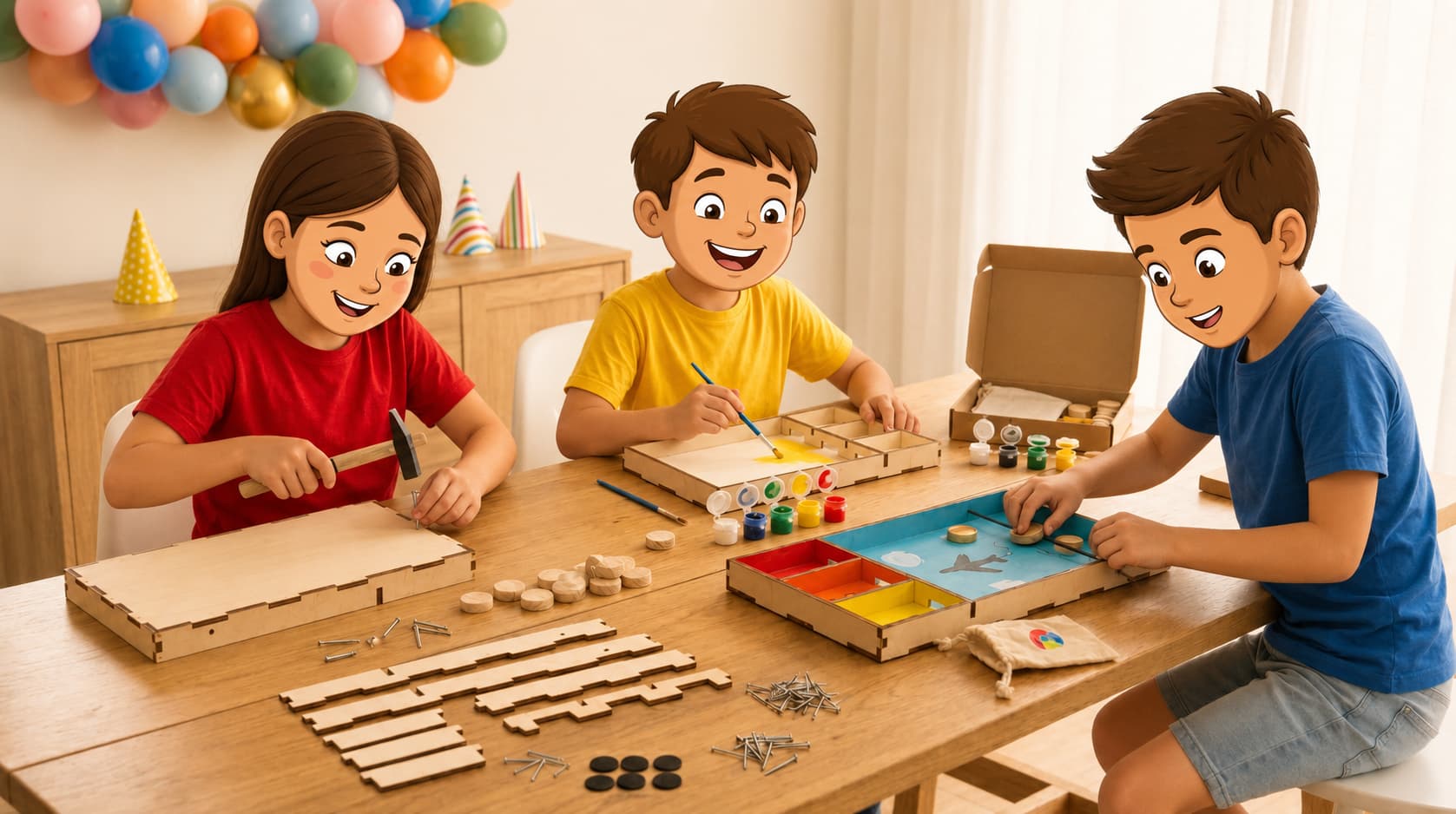 Kind bouwt zelfgemaakt houten knutselpakket aan de keukentafel
