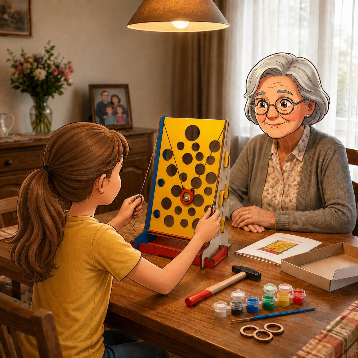 Oma en kleindochter spelen samen GatenGekte — houten knutselpakket cadeau voor kleinkind