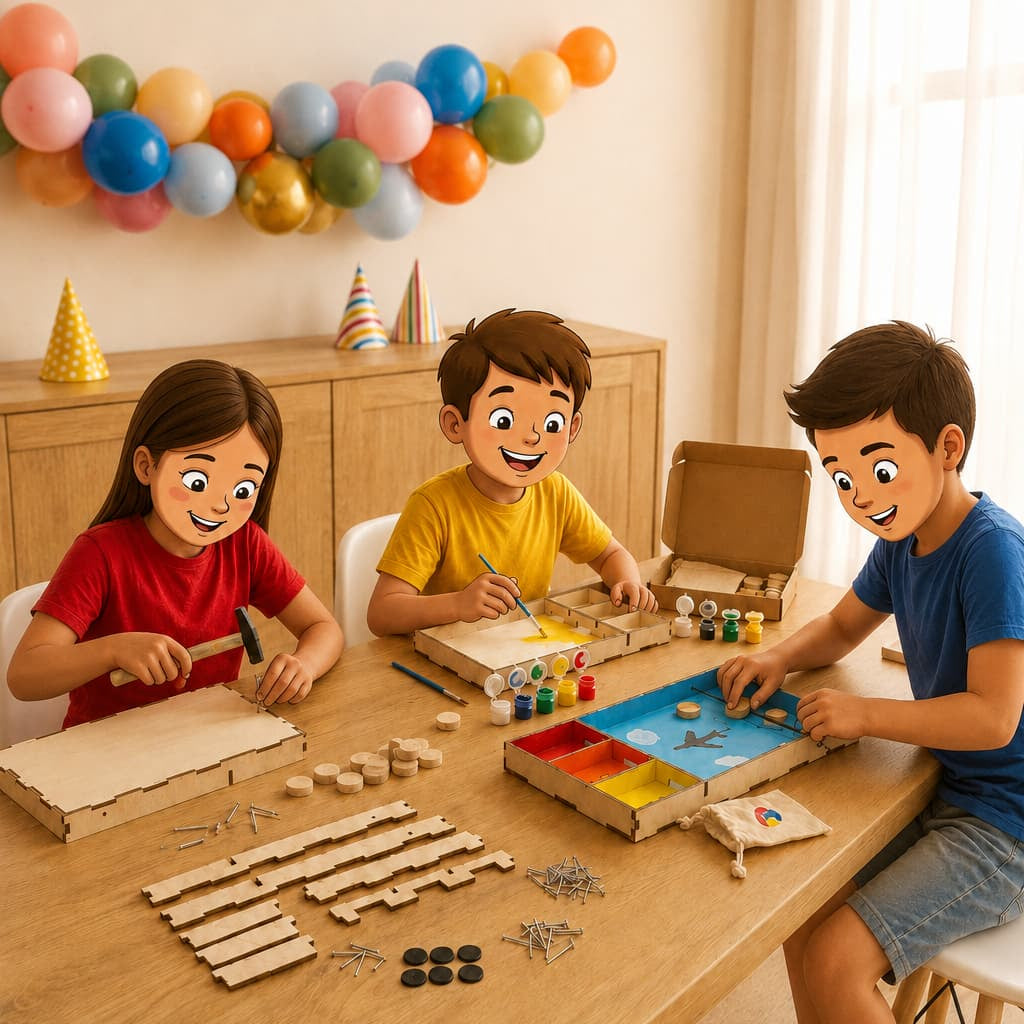 Kinderen knutselen samen tijdens een kinderfeestje thuis — houten knutselpakketten van TechniekLudiek