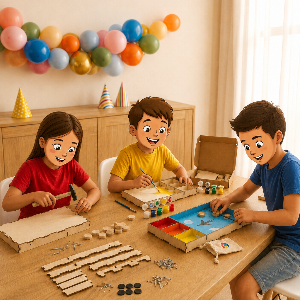 Kinderen knutselen samen tijdens een kinderfeestje thuis — houten knutselpakketten van TechniekLudiek