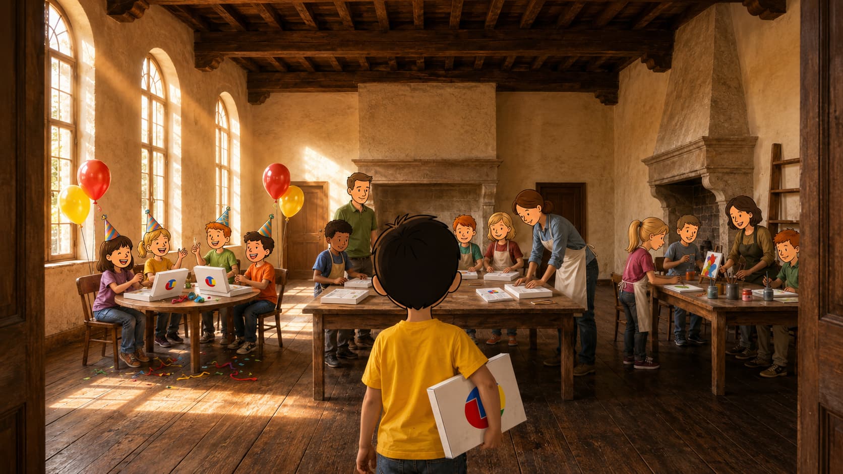 Kind stapt een monumentale ruimte binnen met een TechniekLudiek knutselpakket — drie groepen knutselen tegelijk: kinderfeestje, BSO en atelier