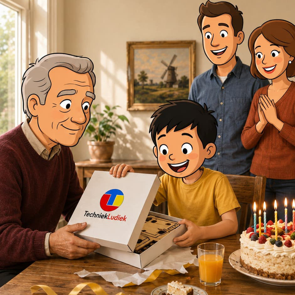 Kind bouwt houten knutselpakket van TechniekLudiek — cadeau voor kinderen van 4 tot 12 jaar
