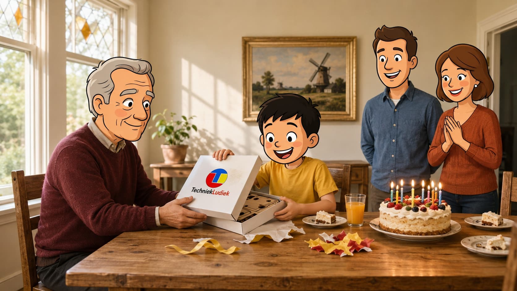 Opa geeft kleinzoon een TechniekLudiek knutselpakket op zijn 8e verjaardag — ouders kijken trots toe, taart met kaarsjes op tafel