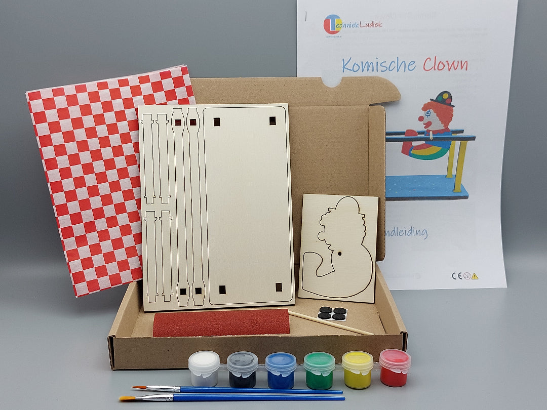 Inhoudluxepakket Komische Clown – houten onderdelen, viltjes en schuurpapier, verf, penselen, schuurpapier en placemat