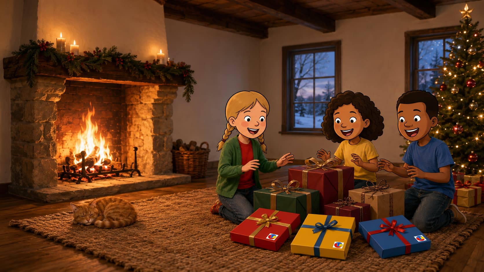 Drie kinderen kijken verrast naar een stapel kerstcadeaus met TechniekLudiek knutselpakketten — gezellige woonkamer met openhaard en sneeuw buiten