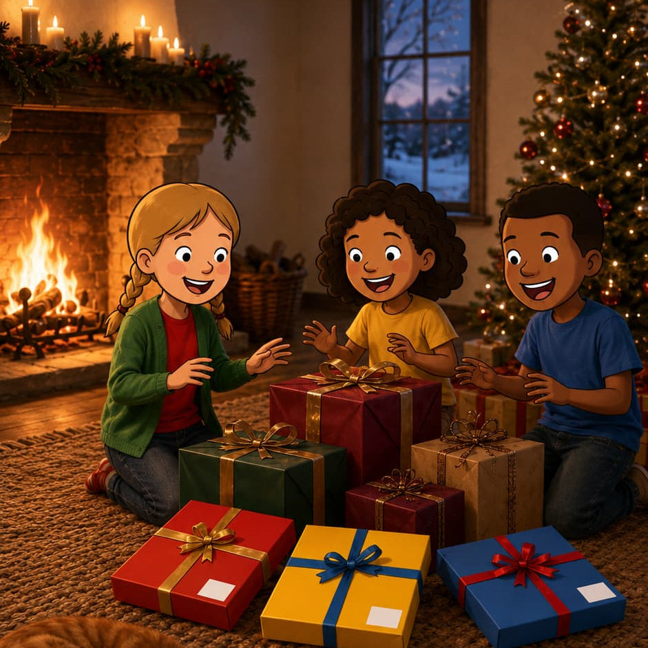 Drie diverse kinderen in primaire T-shirts kijken enthousiast naar kerstcadeaus met TechniekLudiek knutselpakketten — kerst knutselen voor kinderen van 4 tot 12 jaar
