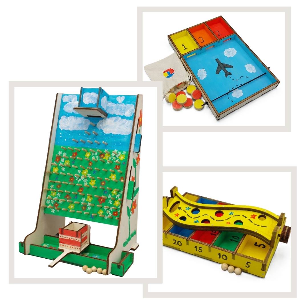 Creatieve collectie met complete knutselpakketten: drie houten DIY producten van TechniekLudiek, ideaal voor kinderfeestjes.
