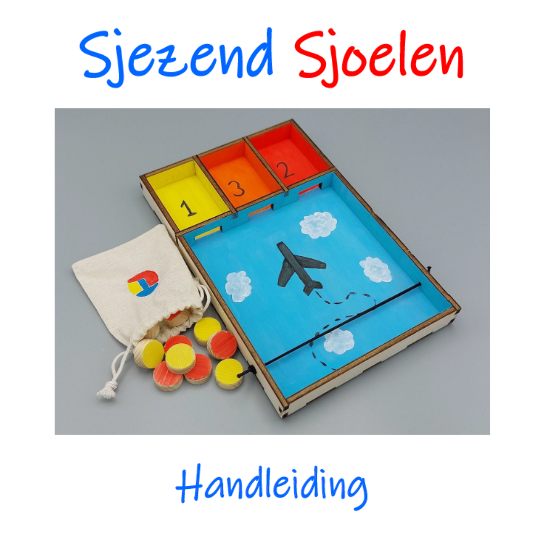 Voorkant van de handleiding bij het knutselpakket ‘Sjezend Sjoelen – Sjoelbak’ van TechniekLudiek – duidelijke stap-voor-stap uitleg met foto's voor veilig en zelfstandig knutselen.