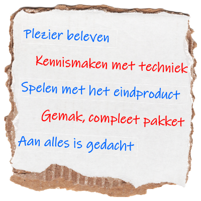 Visuele weergave van het missie statement van TechniekLudiek: plezier beleven, kennismaken met techniek, spelen met het eindproduct en gemak dankzij complete knutselpakketten.