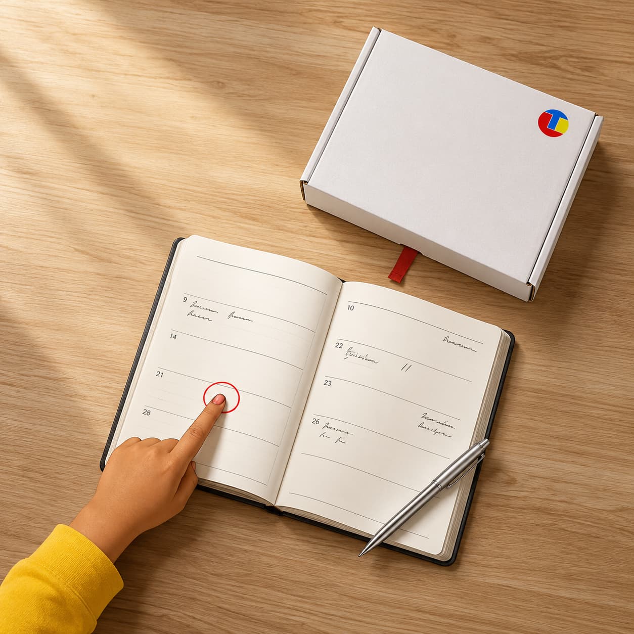 Opengeslagen kalender op een houten tafel met een knutselpakket ernaast — plan je bestelmoment ruim voor Sinterklaas, Kerst of Pasen