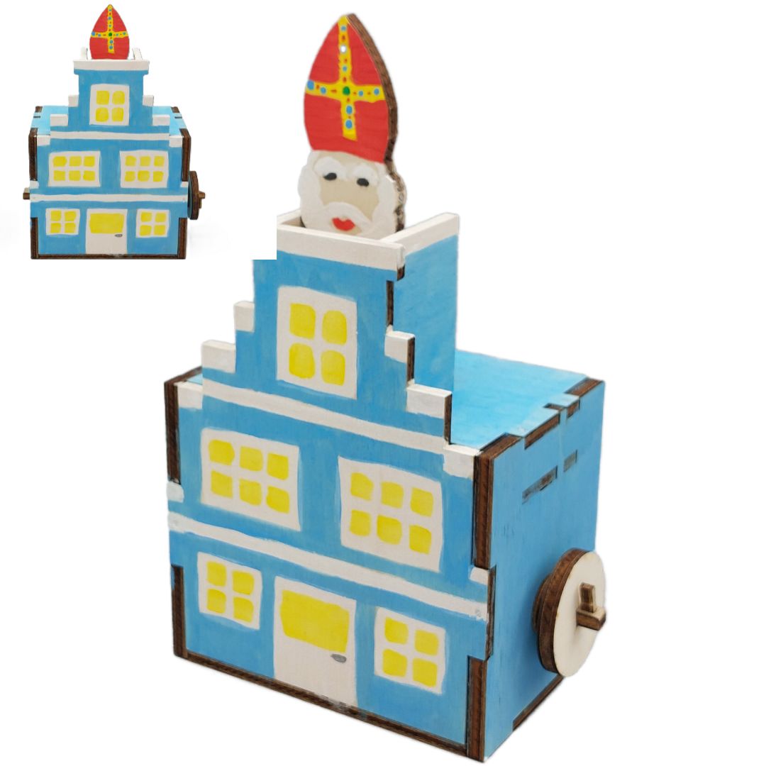 Slimme Sint knutselpakket komt omhoog uit de schoorsteen en verstopt zich