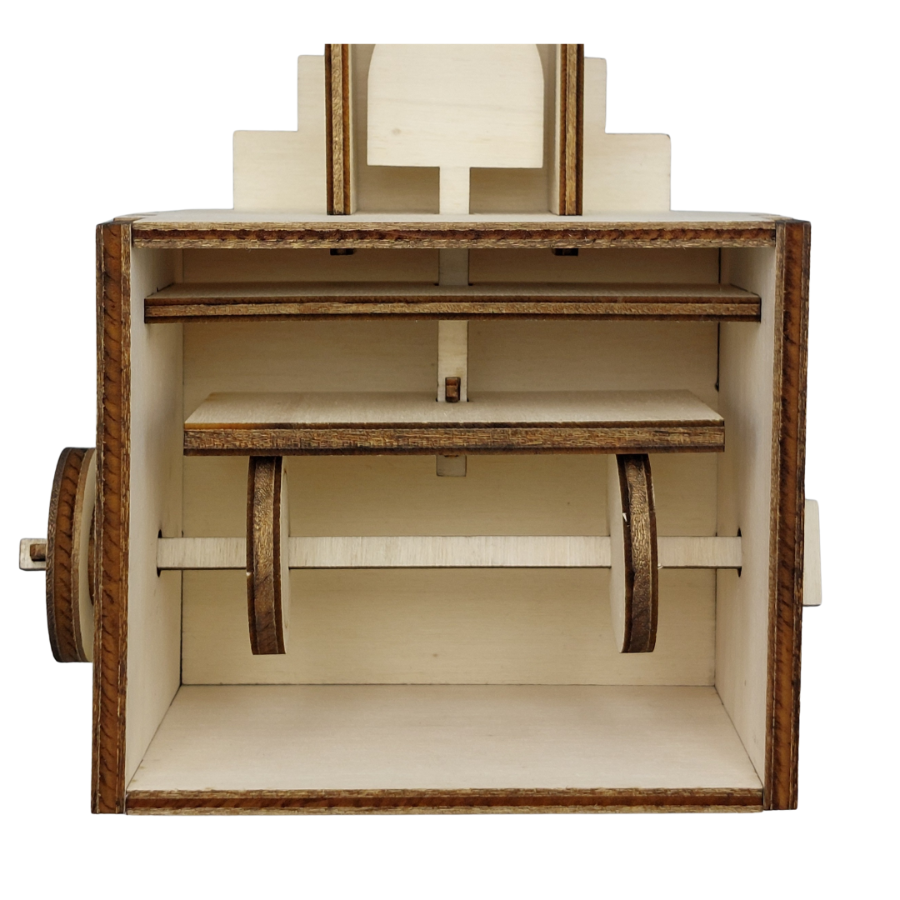 Detail van het draaimechaniek van Slimme Sint automaton