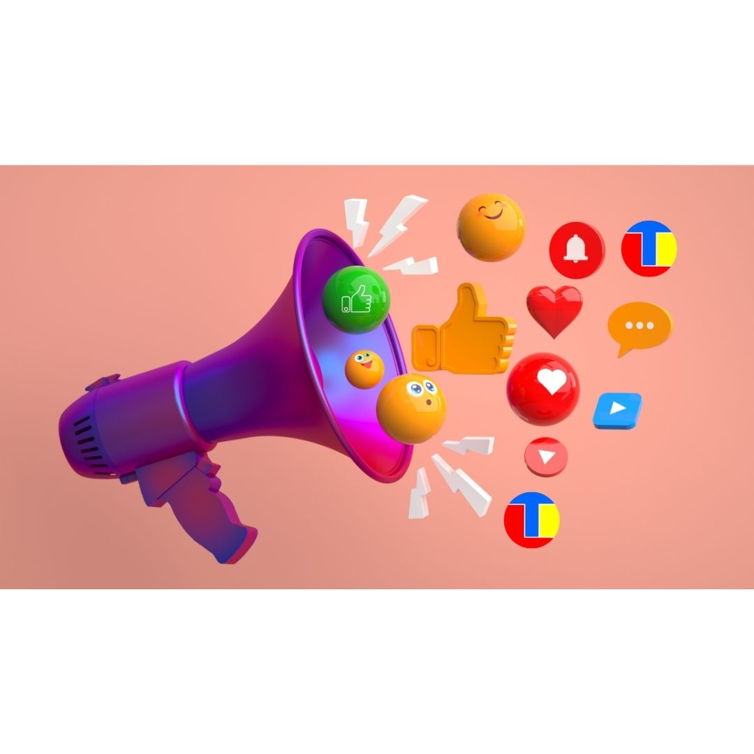 Illustratie van een megafoon waar social media berichten van TechniekLudiek uit komen – zichtbare online exposure en inspiratie met creatieve knutselpakketten.