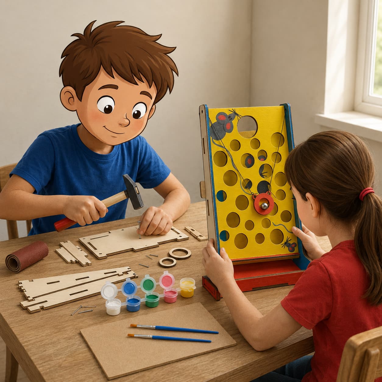 Twee kinderen aan een houten tafel — één bouwt met hamer en hout, de ander speelt met de zelfgebouwde GatenGekte, houten knutselpakket voor kinderen van 6–12 jaar